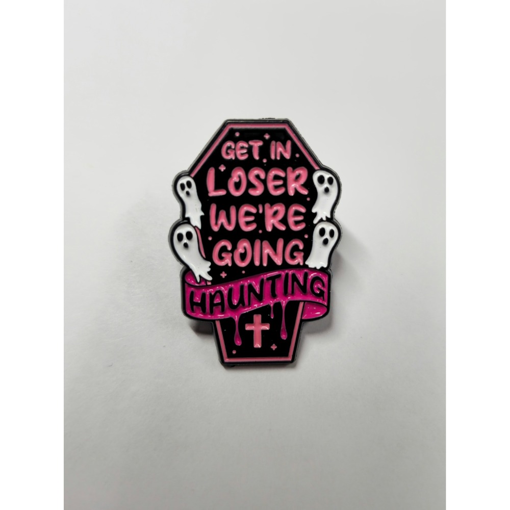 Get In Loser We're Going Haunting Coffin Enamel Pin Pink Black Ghost Halloween